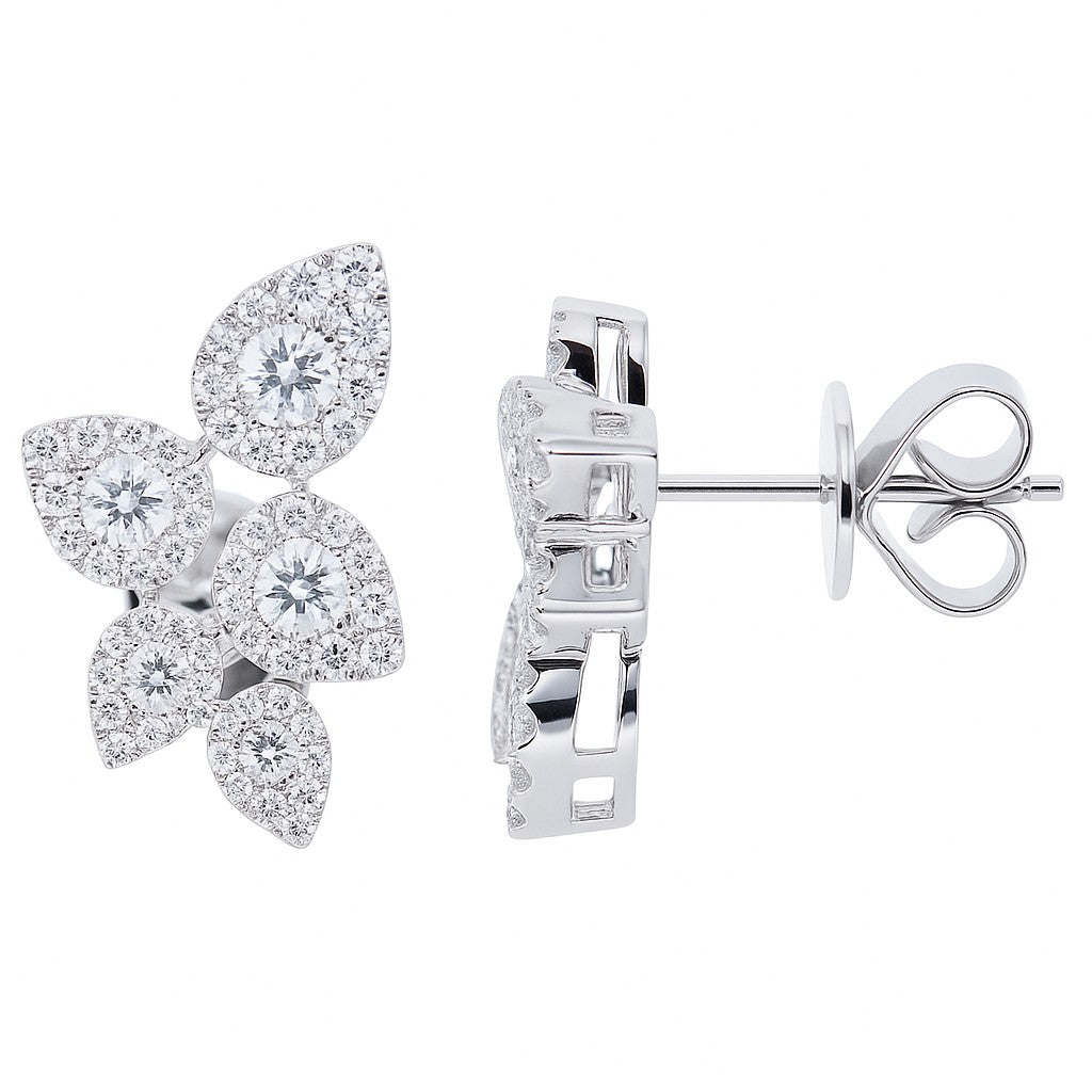 14k White Gold Diamond Cluster Leaf Earrings