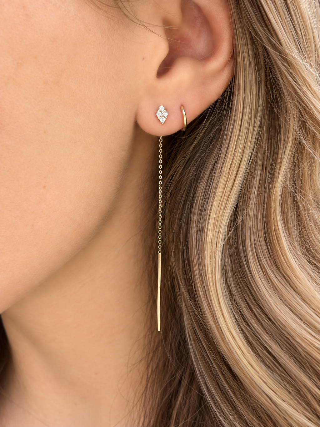 14K Yellow Gold Quad Diamond Threader Earrings