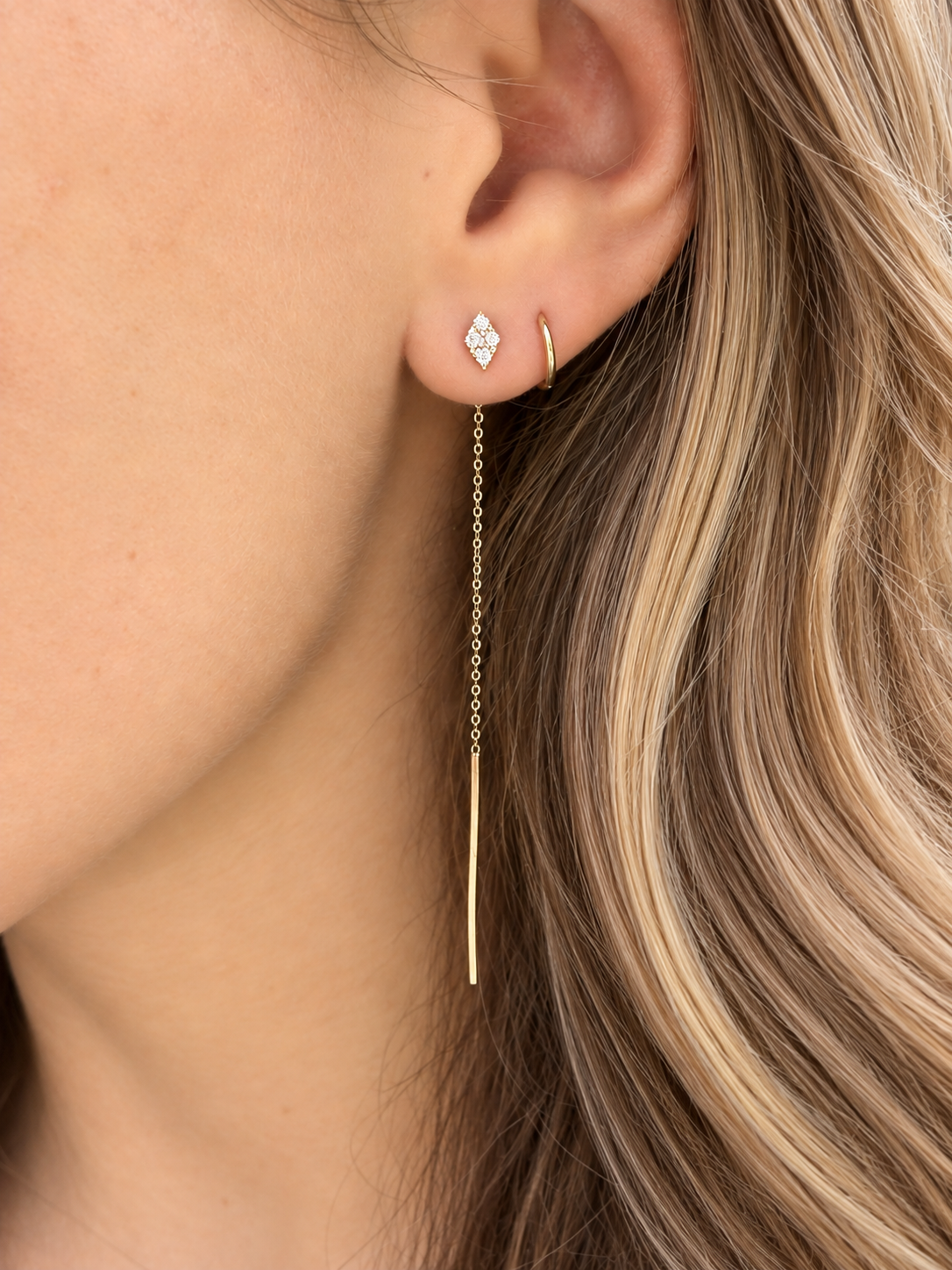 14K Yellow Gold Quad Diamond Threader Earrings