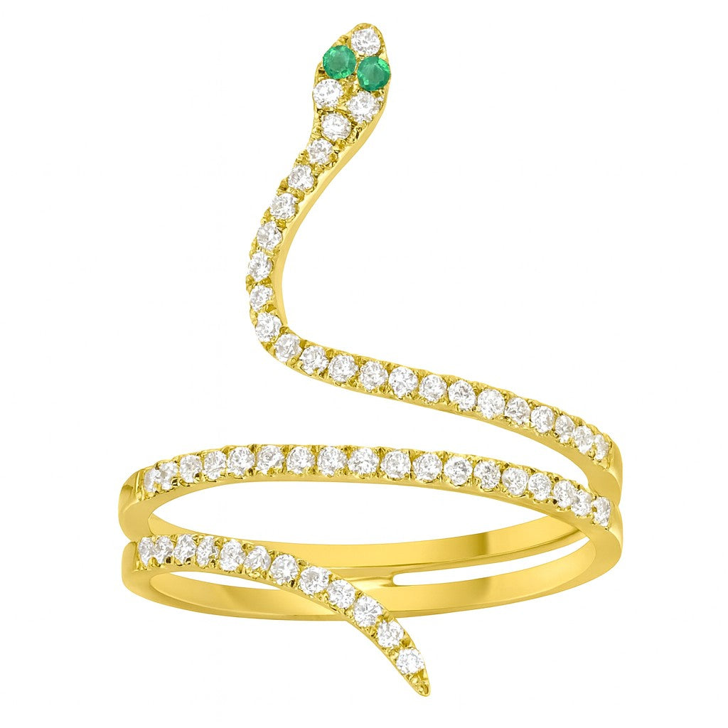 14K Yellow Gold Diamond & Emerald Serpent Wrap Ring