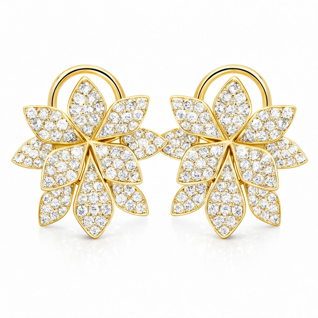 18K Yellow Gold Pavé Diamond Floral Statement Earrings