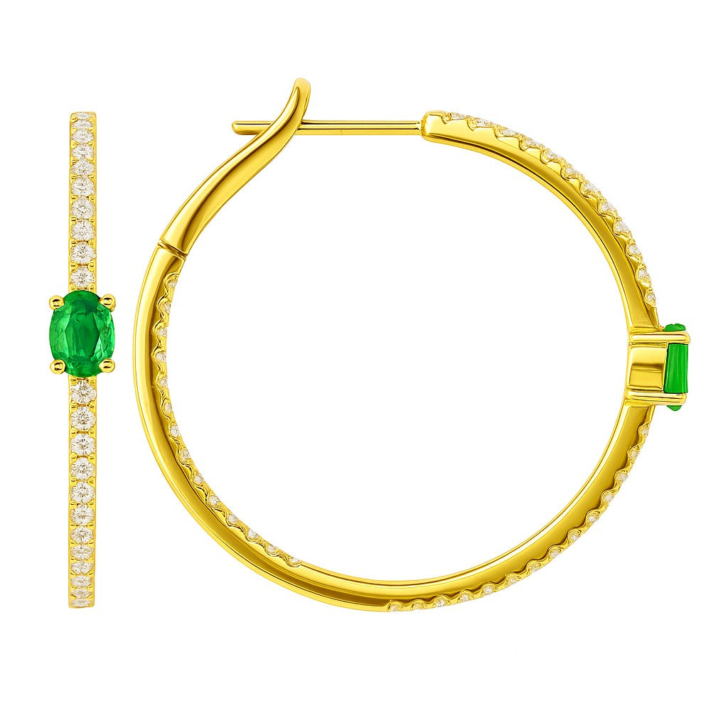 18K Yellow Gold Emerald & Diamond Inside-Out Hoop Earrings