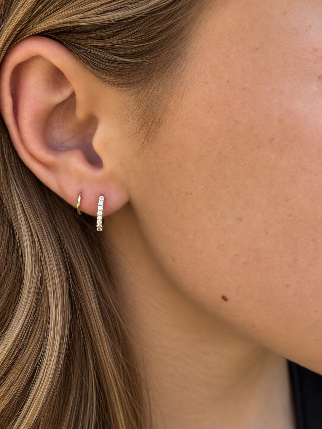 14K Yellow Gold Diamond Huggie Hoop Earrings