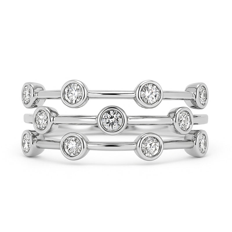 14K White Gold Three-Row Bezel-Set Diamond Ring