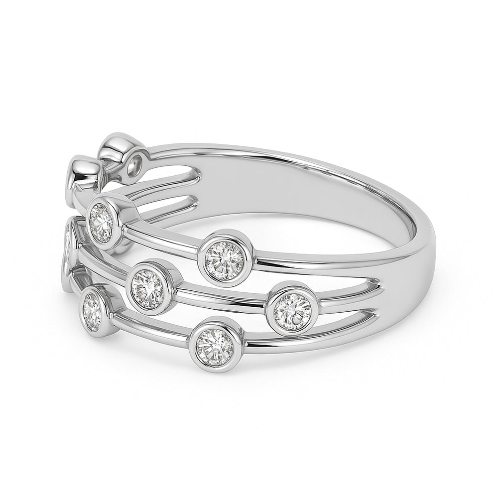 14K White Gold Three-Row Bezel-Set Diamond Ring