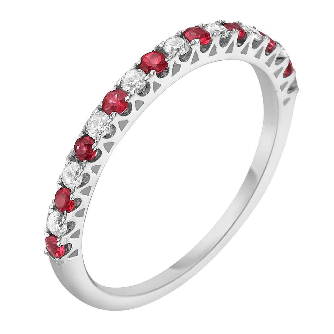 14K White Gold Ruby & Diamond Alternating Band