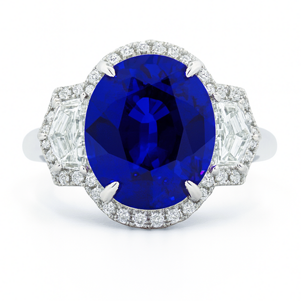 18K White Gold 7.47 CT Sapphire & Diamond Halo Ring