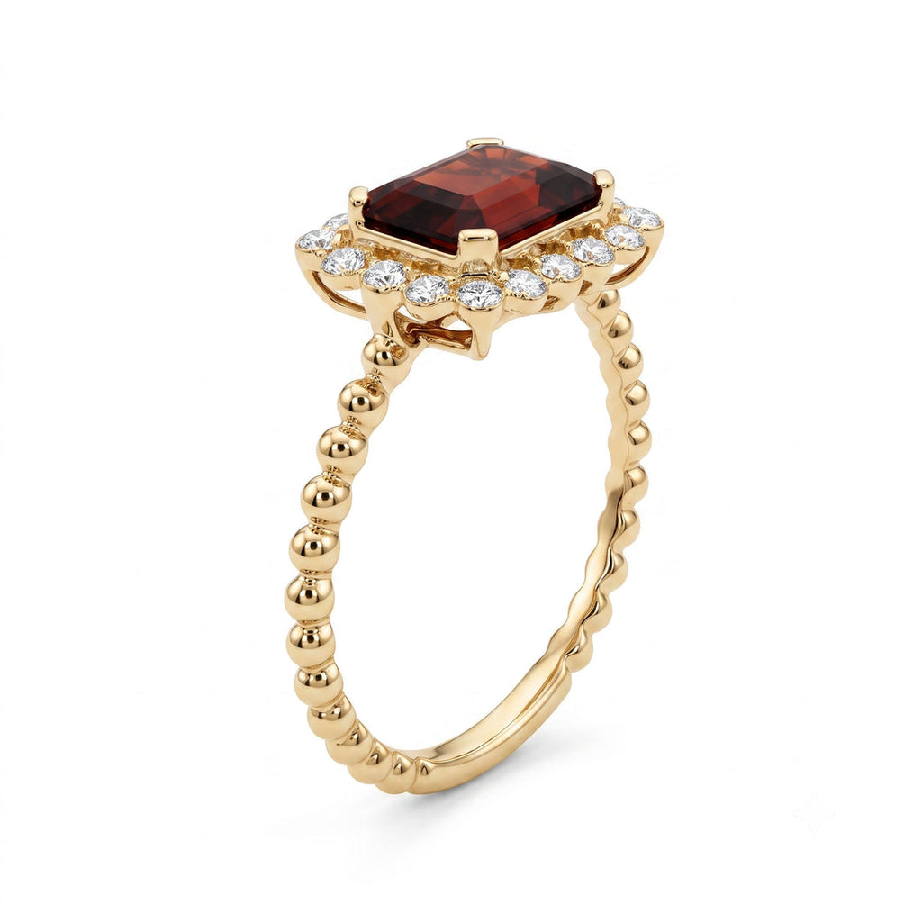 14K Yellow Gold Garnet & Diamond Halo Ring