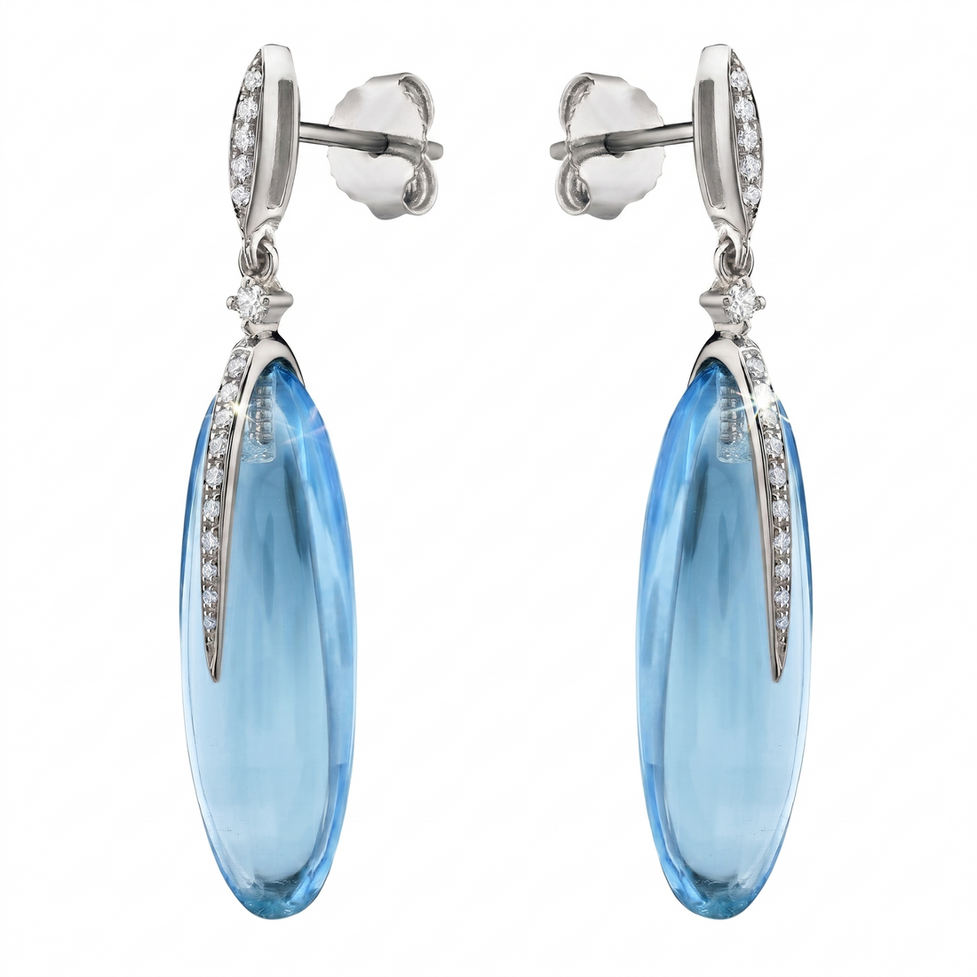 14K White Gold Sky Blue Topaz & Diamond Drop Earrings