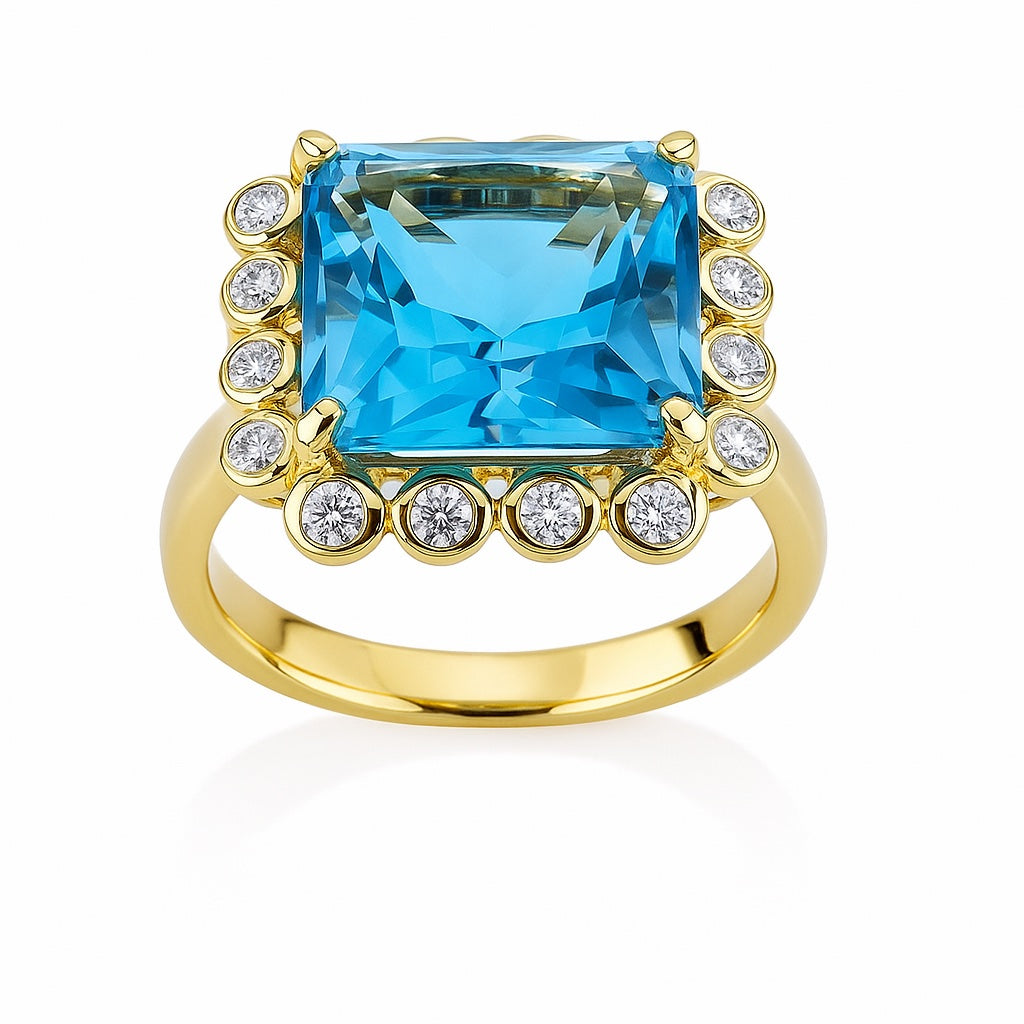 14K Yellow Gold Swiss Blue Topaz & Diamond Halo Ring