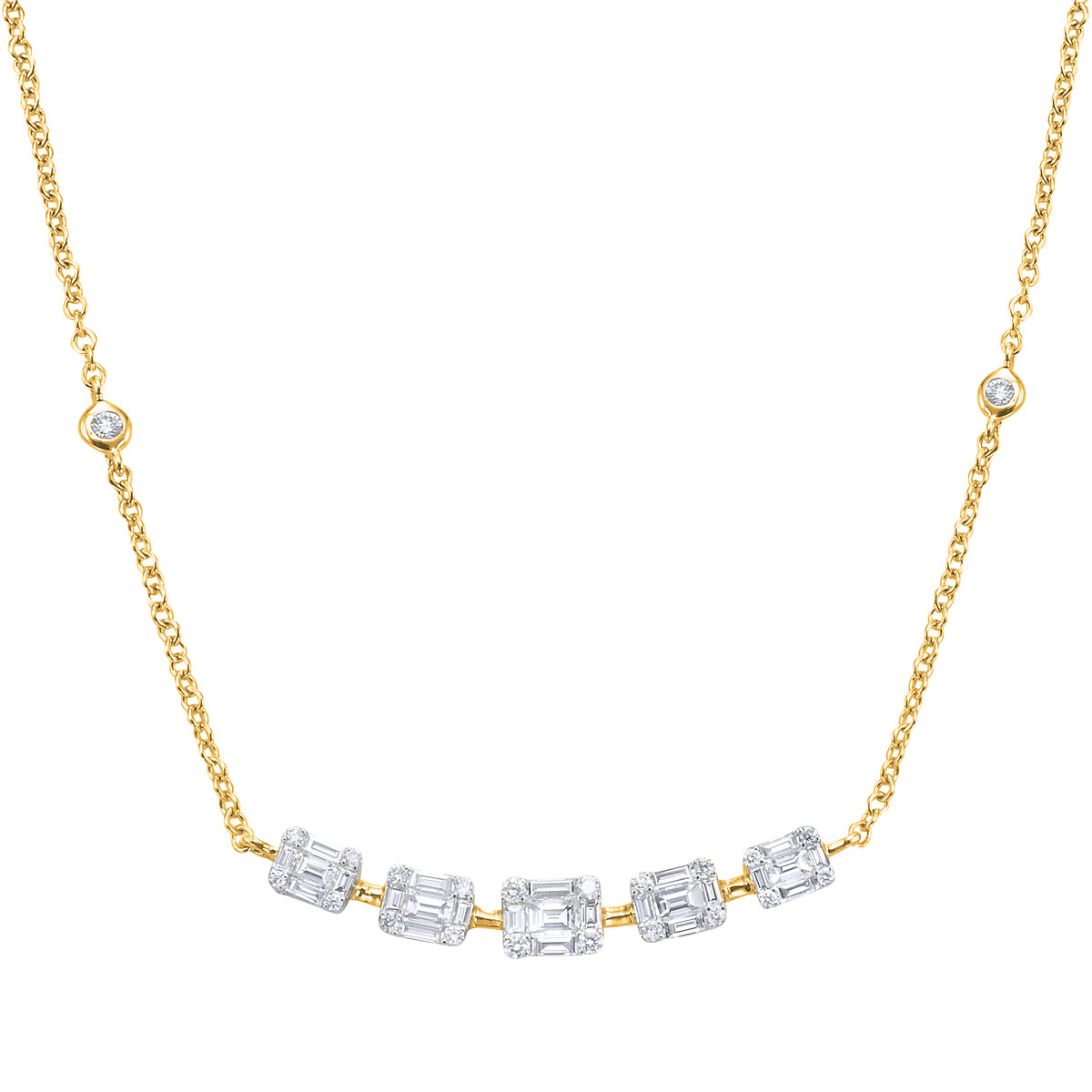 14K Yellow Gold Baguette & Round Diamond Station Necklace