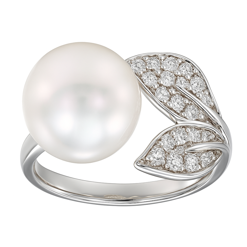 18K White Gold Freshwater Pearl & Diamond Leaf Ring